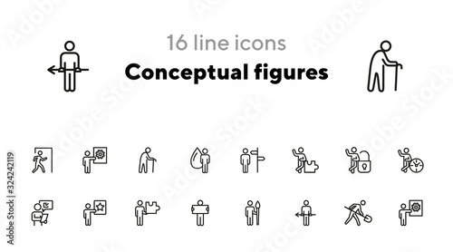 Conceptual figures line icon set. Person, man, clock, spade, gear. Business concept. Can be used for topics like action, role, occupation