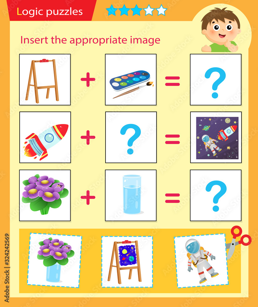 Logic puzzle for kids. Matching game, education game for children. Match the right object. Worksheet vector design for preschoolers.