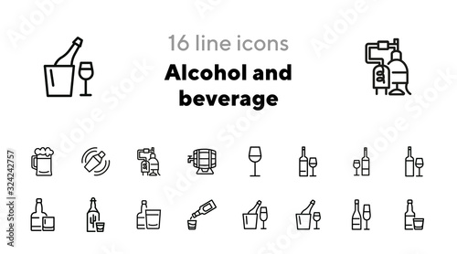 Alcohol and beverage icons. Set of line icons on white background. Glass, bottle, wine. Bar concept. Vector illustration can be used for topics like restaurant, alcohol, party