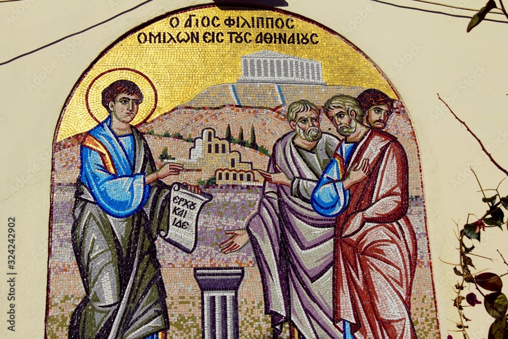 Fototapeta premium Beautiful mosaic showing Saint Philip speaking to the Athenians outside of a Christian orthodox church in Athens, Greece.