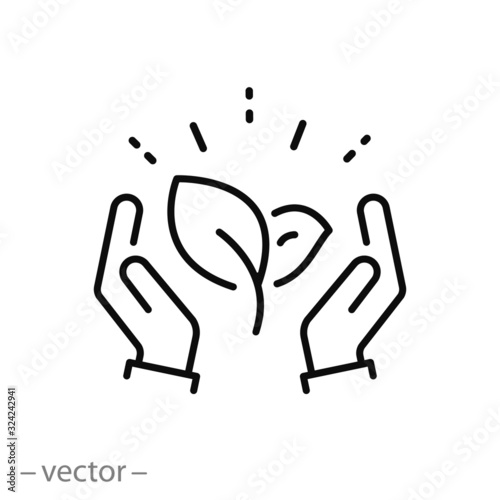 save nature icon, care eco friendly plant, protect bio resources, leaves sprout logo, thin line web symbol on white background - editable stroke vector illustration eps10
