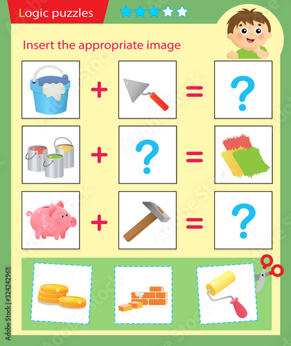 Logic puzzle for kids. Matching game  education game for children. Match the right object. Worksheet vector design for preschoolers.