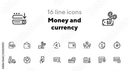 Money and currency icons. Set of line icons on white background. Credit card, coin, dollar. Finance concept. Vector illustration can be used for topics like economy, banking, finance