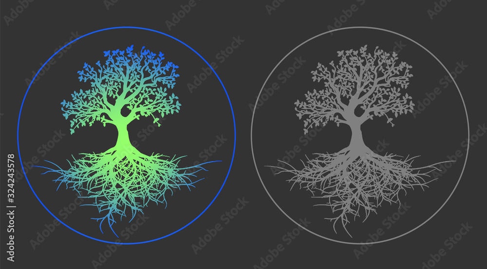 Naklejka Bright neon tree of life vector illustration on gray background. Flat design vector gray pictogram - a tree of life close-up