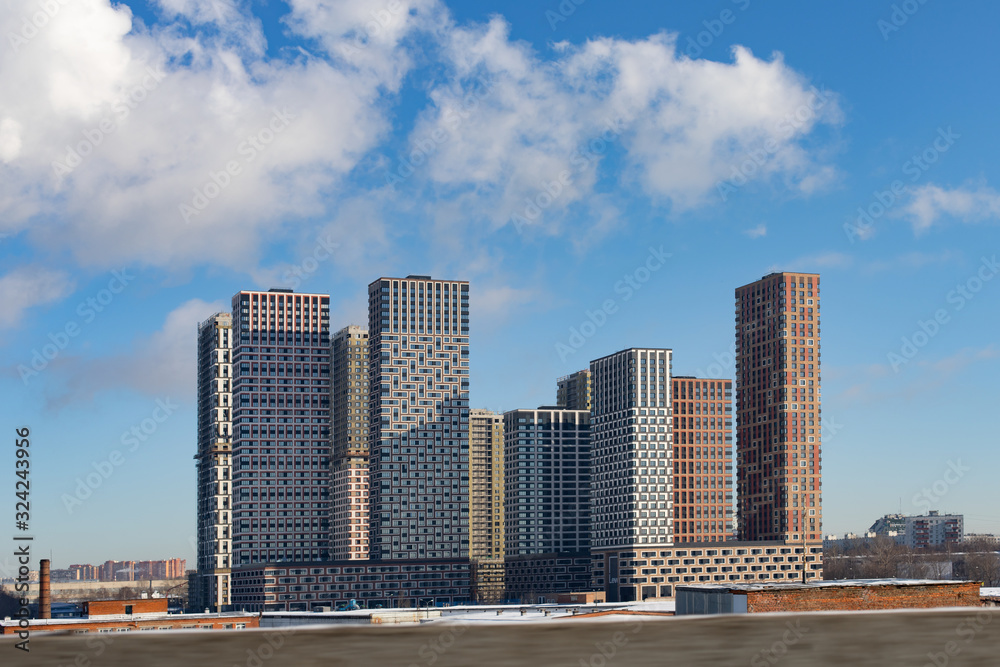 City landscape, residential area high-rise buildings. Modern multi-storey apartment building, architecture residential block City landscape, residential area high-rise buildings. Modern multi-storey apartment building, architecture residential block