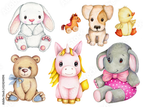 Set of cute cartoon toy animals for kids. Watercolor, hand drawn, isolated.