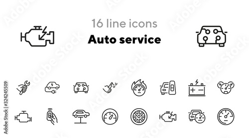 Auto service icon. Set of line icon on white background. Speedometer, engine, wheel. Car mechanics concept. Vector illustration can be used for topics like transportation, service, cars