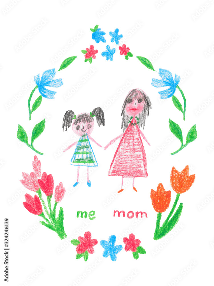 Family portrait, mother, daughter holding hands and smiling. Children drawing. Pencil illustration in children's style. Сoncept of family happiness, maternity, parenthood, childhood. Family portrait, mother, daughter holding hands and smiling. Children drawing. Pencil illustration in children's style. Сoncept of family happiness, maternity, parenthood, childhood.