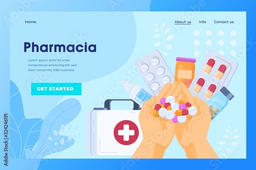 Pharmacy website design, online drugstore landing page template, vector illustration. Handful of medical pills and capsules, pharmaceutical prescription. Healthcare drug store, pharmacy pills concept