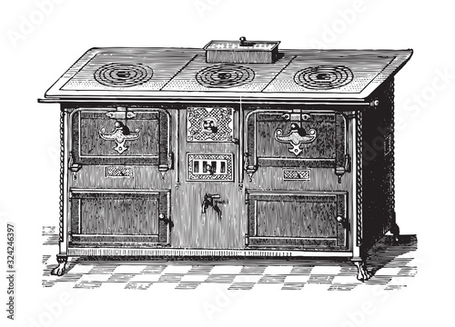Old kitchen oven / vintage illustration from Brockhaus Konversations-Lexikon 1908