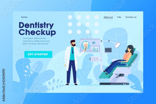 Dentistry checkup online appointment, dental clinic patient, vector illustration. Healthcare center website design, dentist consultation. Tooth care and oral hygiene checkup, doctor teeth examination © Seahorsevector