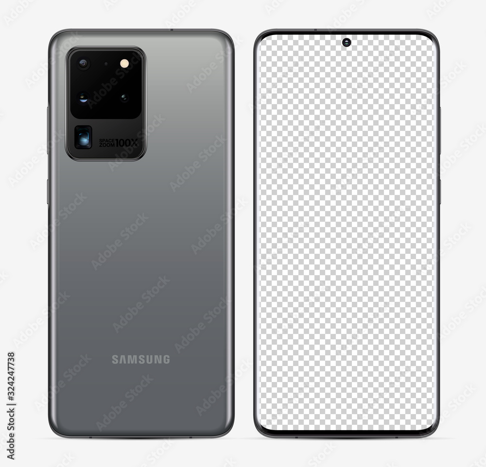 Vecteur Stock MOSCOW, RUSSIA - February 19, 2020: New Samsung Galaxy S20  Ultra Gray color by Samsung Inc. Mock-up screen for your design phone and  back side vector illustration EPS10 | Adobe Stock
