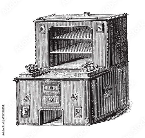 Old kitchen oven / vintage illustration from Brockhaus Konversations-Lexikon 1908