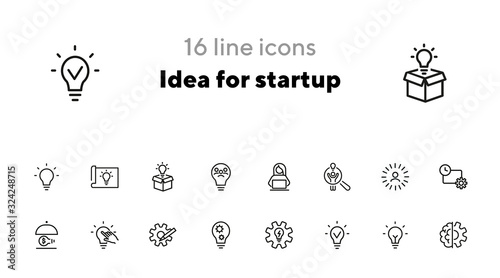 Idea for startup line icon set. Shining bulb, lightbulb, gear, entrepreneur. Business concept. Can be used for topics like genius, innovation, new project