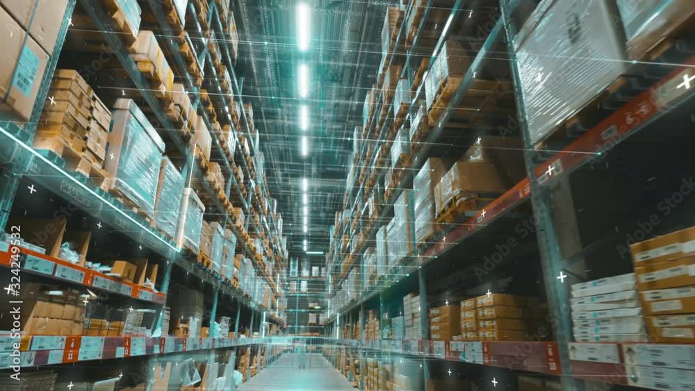 Multi-level warehouse with motion grafics. Steadicam shot
