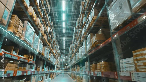 Multi-level warehouse with motion grafics. Steadicam shot