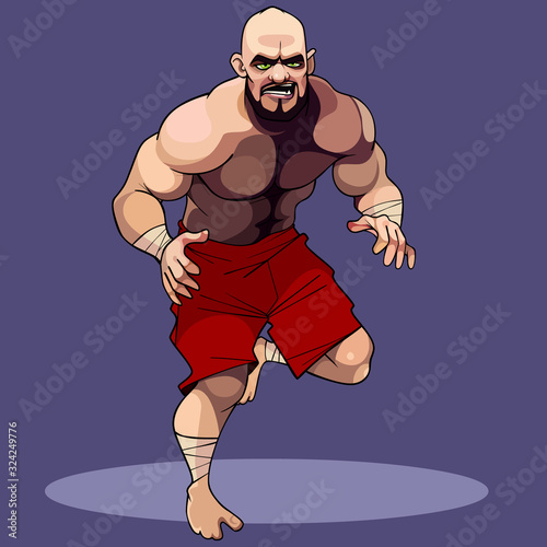 cartoon muscular man wrestler in red shorts attacks