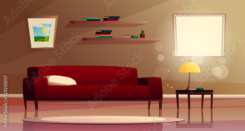 Vector cartoon illustration of modern living room with furniture. A red sofa, a window with sunshine, paintings on the wall and shelf. Minimalistic concept interior.