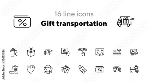 Gift transportation line icon set. Set of line icons on white background. Shopping concept. Shop, box, payment. Vector illustration can be used for topics like modern life, urban, comfort