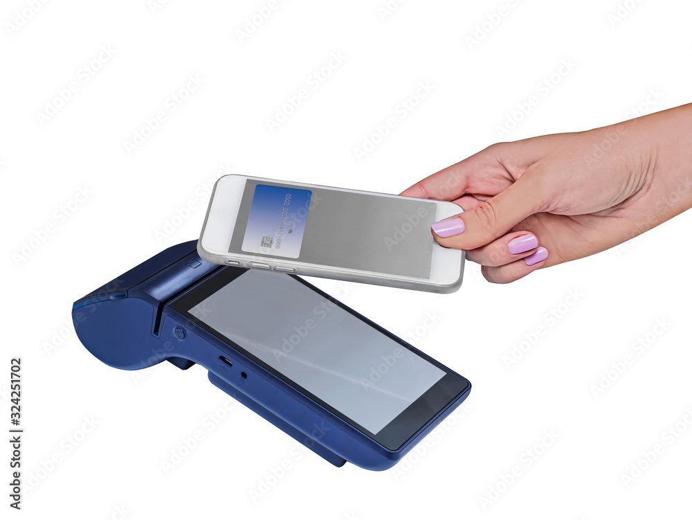 Electronic payment terminal. Payment transaction with smartphone. Isolated on white. Electronic payment terminal. Payment transaction with smartphone. Isolated on white.