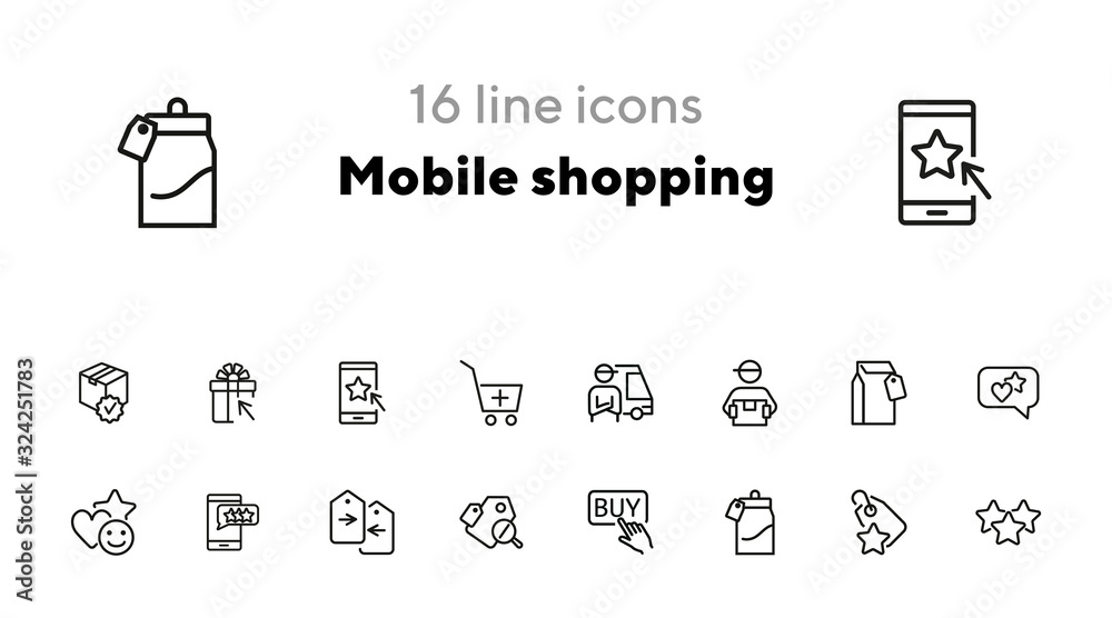 Mobile shopping line icon set. Set of line icons on white background ...