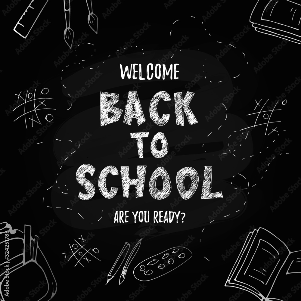 Fototapeta premium Back to school cute funny text with school supplies and educational elements. Concept design, banner, card, greeting. Vector illustration. 