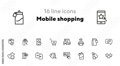 Mobile shopping line icon set. Set of line icons on white background. Paper packet, mark, star. Online shopping concept. Vector illustration can be used for topics like technology, apps