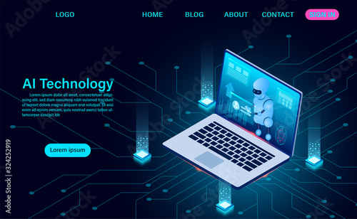 artificial intelligence robot technology. system analysis. big data processing. isometric vector neon dark