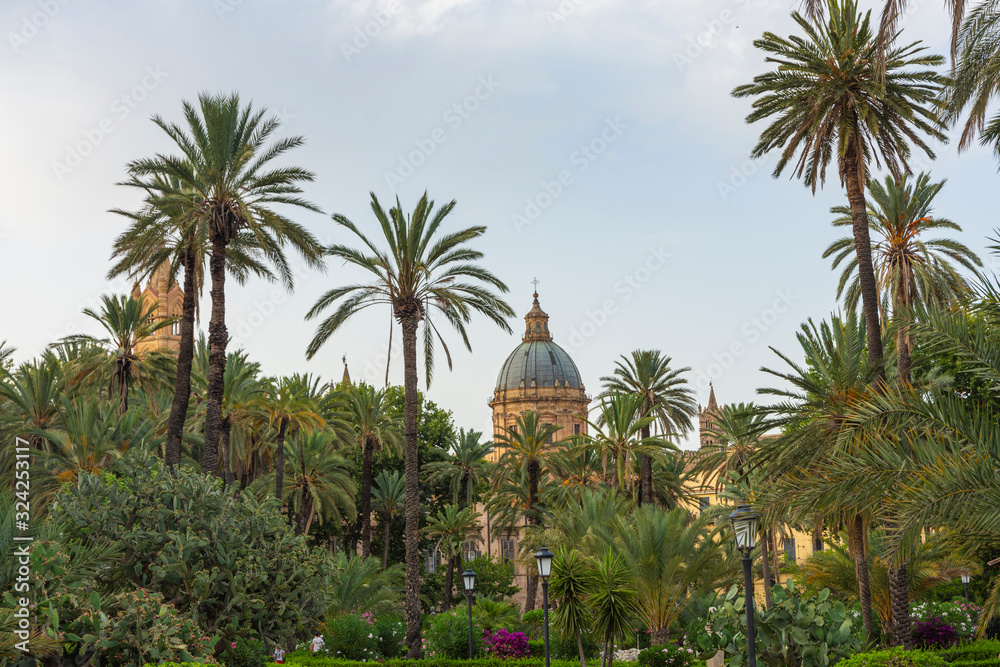 Backside of The Cathedral of Palermo - Sicily, Italy. Strong oriental style due mainly to its inner courtyard full of palm trees.