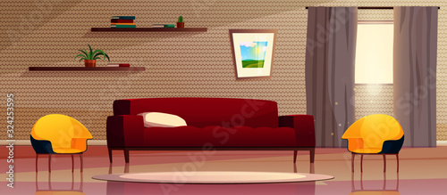 Vector cartoon illustration of modern living room with furniture. A red sofa, a window with sunshine, paintings on the wall and shelf. Minimalistic concept interior.