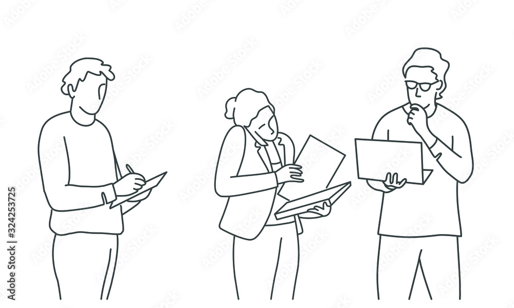 Line drawing illustration of business people writing, talking on mobile phone, using laptop.