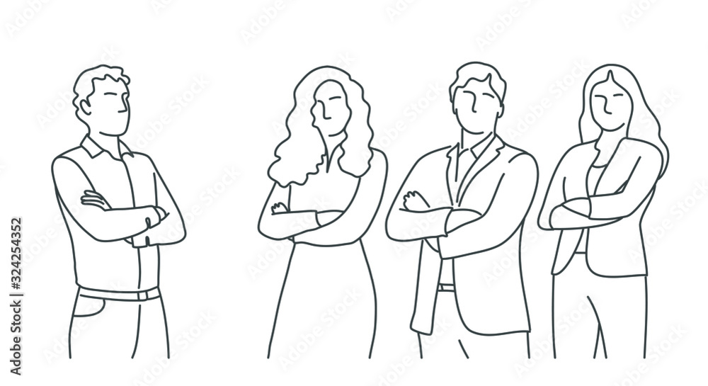 Business people stand with arms crossed. Line drawing illustration. Business people stand with arms crossed. Line drawing illustration.