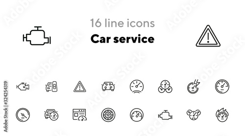 Car service line icon set. Set of line icons on white background. Motor, wheel, speedometer. Automobile concept. Vector illustration can be used for topics like auto service, car details, speed