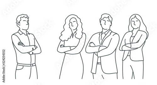 Business people stand with arms crossed. Line drawing illustration.