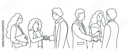 Line drawing illustration of business meeting. People handshake.