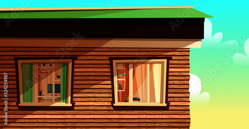 House cartoon outside concept with windows on a building, multistory apartment. Vector illustration. Architecture, networking, advertising, promotion, web background.