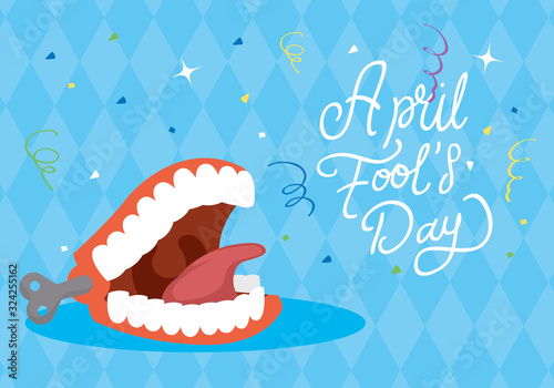 happy april fools day card with lettering and crazy mouth