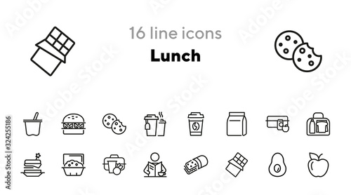 Lunch line icon set. Vegan burger, drink, fruit, bag, pack. Food concept. Can be used for topics like snack, lunch box, eating, school