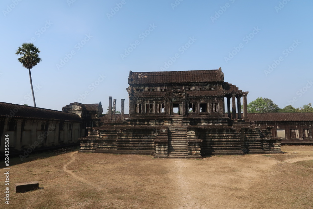 Dry brown grass and sand leading to beautiful ancient temple in angkor wat, tropical palm tree, pillars