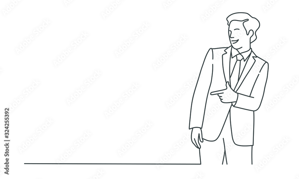 Line drawing illustration of man pointing and laughing.