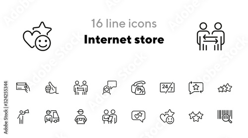 Internet store line icon set. Bar code, courier, like. Online shopping concept. Can be used for topics like customer feedback, delivery, rating