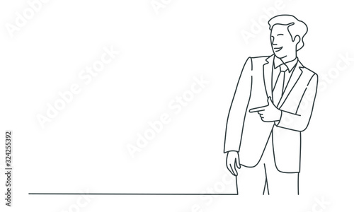 Line drawing illustration of man pointing and laughing.