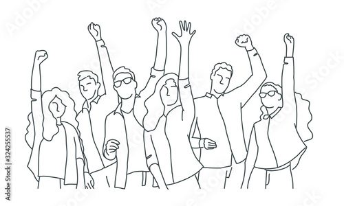 Line drawing illustration of happy friends or students raised arms.