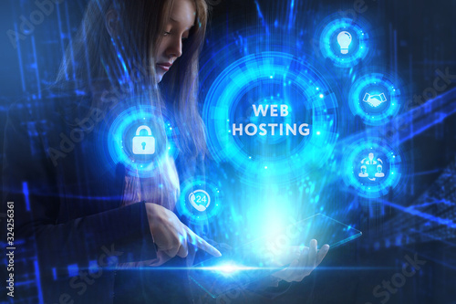 Business  Technology  Internet and network concept. Young businessman working on a virtual screen of the future and sees the inscription  Web hosting