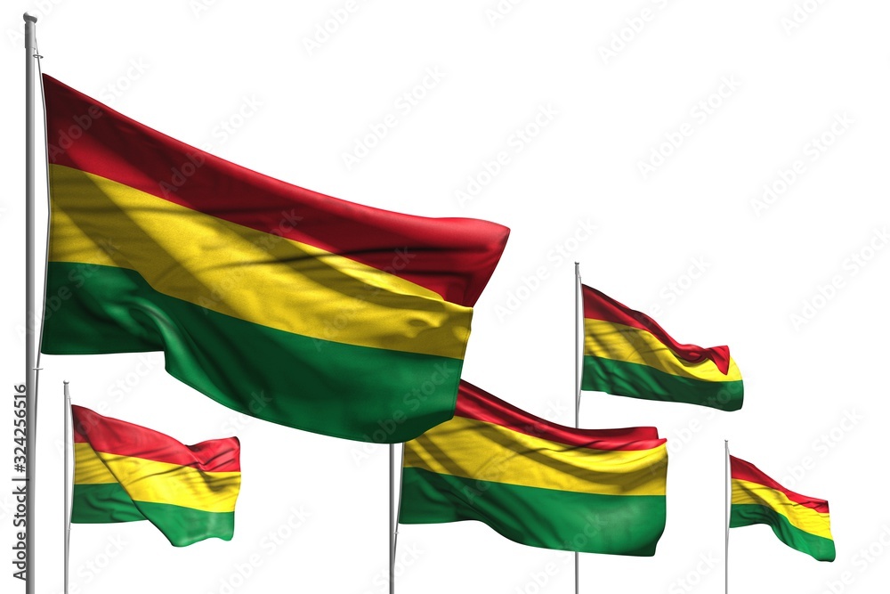 wonderful holiday flag 3d illustration. - five flags of Bolivia are waving isolated on white wonderful holiday flag 3d illustration. - five flags of Bolivia are waving isolated on white