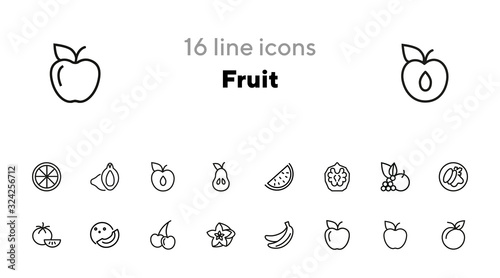 Fruit line icon set. Set of line icons on white background. Food concept. Banana, orange, apple. Vector illustration can be used for topics like fresh market, eco, vegetarian