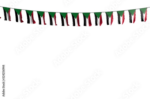 wonderful any holiday flag 3d illustration. - many Sudan flags or banners hangs on rope isolated on white