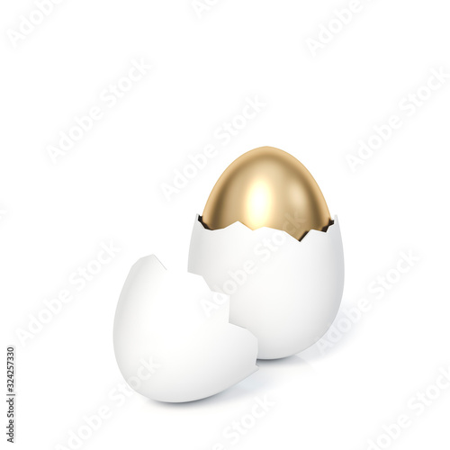 Golden Easter egg inside white egg with broken shell on white background 3d rendering. 3d illustration luxury of easter eggs holiday card template minimal concept.