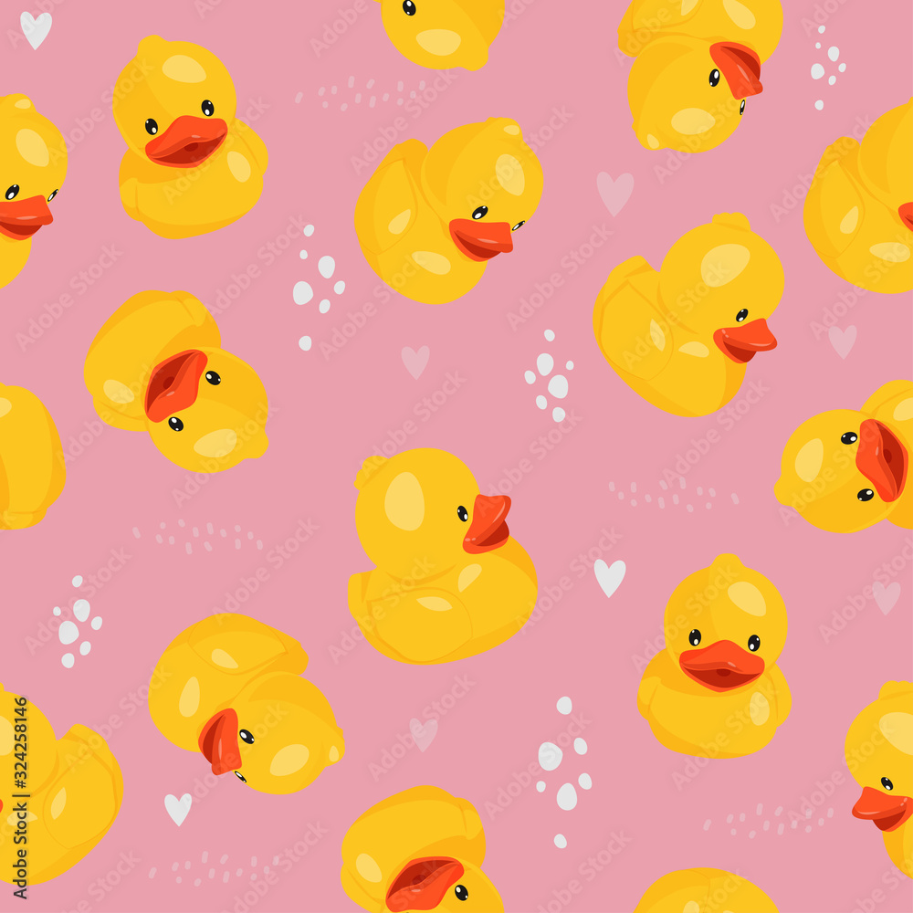 Yellow rubber duck seamless pattern. Fun kids background.