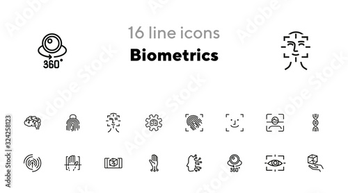 Biometrics line icon set. Fingerprint, face ID, DNA. Identity concept. Can be used for topics like security, safety, recognition